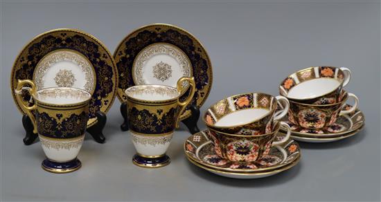 Four pairs of Royal Crown Derby Old Imari pattern cups and saucers and two pairs of Coalport cobalt blue and gilt cups and saucers